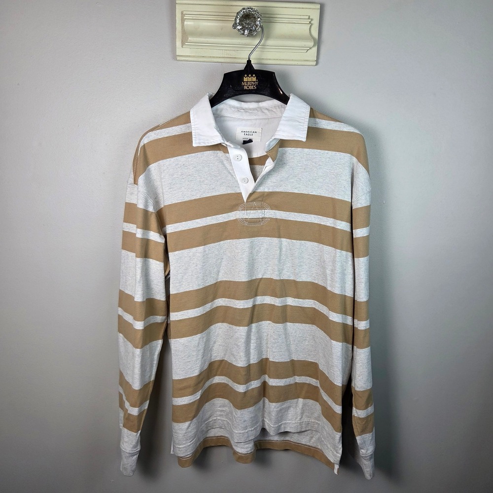 American‎ Eagle Rugby Shirt Mens Large Tan Grey Striped Long Sleeve Polo